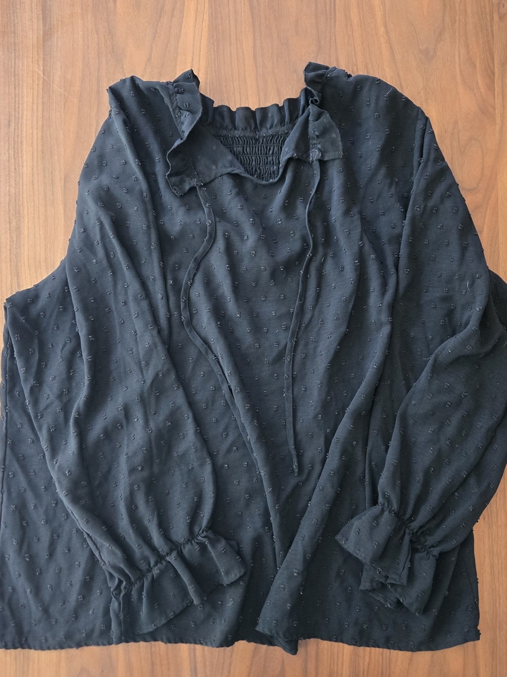 Black Swiss Dot Ruffle Neck Peasant Blouse Long Sleeve Tie Front Top 5x